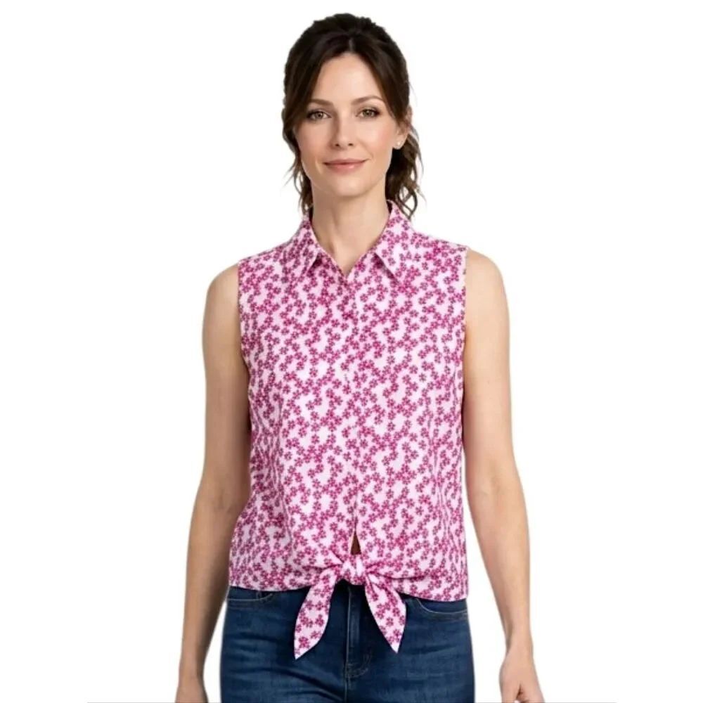Talbots Embroidered Pink Floral Sleeveless Knot Detail Button Down Top Size 14